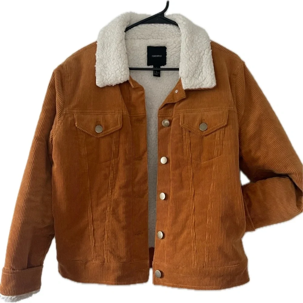 Burnt Orange Corduroy Fleece Lined Sherpa Mustard Button Jacket Forever 21 Sz S - Picture 3 of 5